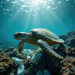 Obraz premium A turtle glides through a vibrant coral reef, capturing the beauty of underwater life. Surrounding it are plastic bottles, highlighting the issue of ocean pollution.