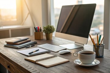 Fototapeta premium Stylish office workspace featuring computer, notes, and coffee cup with natural light streaming in during late afternoon
