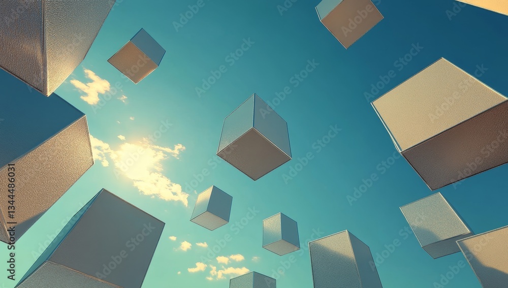 Aufkleber the image features floating white cubes set against a backdrop of the sky in 3d