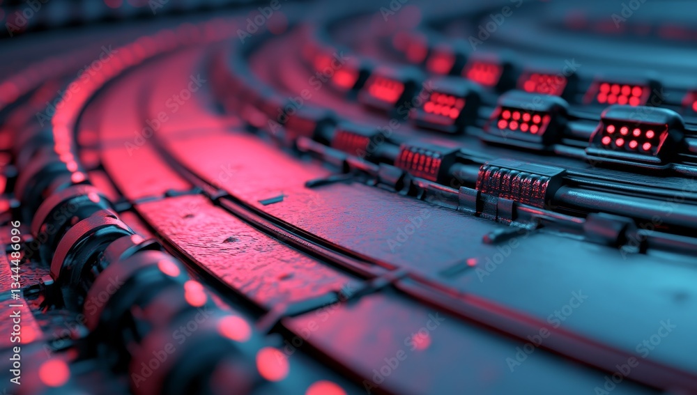 Poster three-dimensional abstract artwork characterized by red tones and curved lines