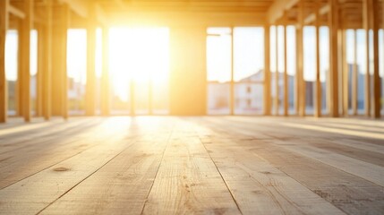 Bright Sunrise Illuminates Empty Room with Wooden Floor and Beams