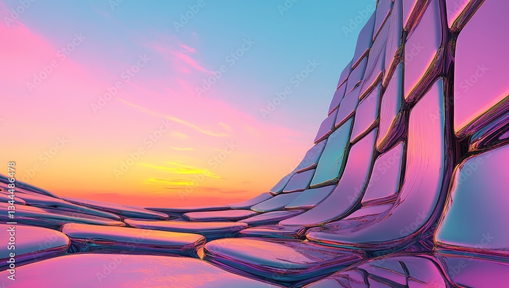 Poster geometric designs are prominently displayed on overlapping planes of pink and purple in this abstrac
