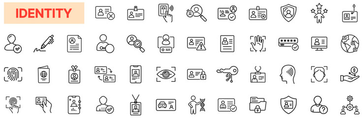 Identity Line Icons, Personal Identification, Authentication, Biometrics, Security, Verification, Digital Identity, Passport, Fingerprint, ID Card, Privacy, Access Control