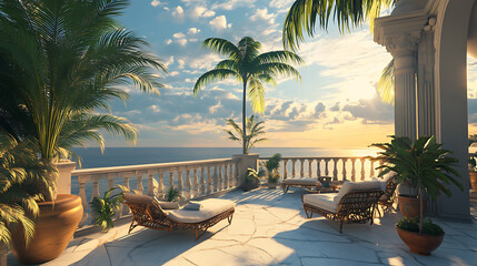 Fototapeta premium Relaxing Seaside Balcony with Comfortable Lounge and Beautiful Ocean View