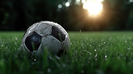 Soccer ball on dewy grass at sunset