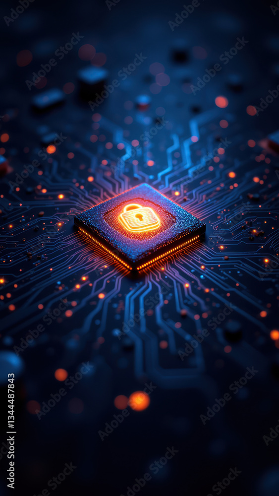 Poster image showing a close-up of a computer chip with glowing cybernetic elements on a motherboard, symbo