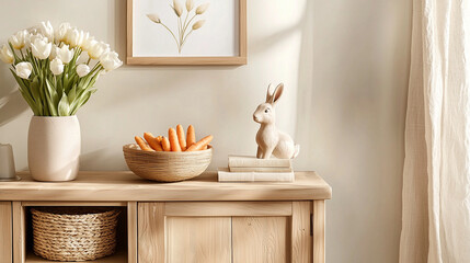 Cozy Easter Living Room Decor with Pastel Tulips and Rustic Accents
