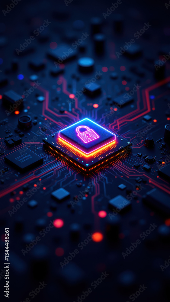 Aufkleber a computer chip with a glowing lock symbol representing cybersecurity on a motherboard background.