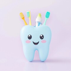 A toothbrush is in a blue container that looks like a tooth