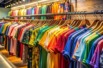Vibrant T-Shirt Display: Colorful Clothing Rack in Retail Store
