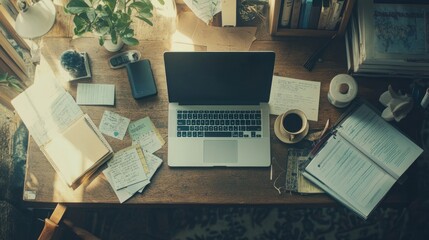 Creative workspace overhead view showcasing laptop, notebooks, and coffee mug arrangement