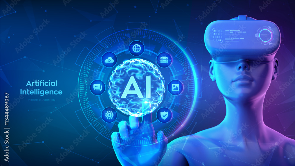 Aufkleber ai. artificial intelligence. girl wearing vr headset glasses touching digital interface with ai sphe