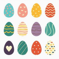 A set of colorful eggs with various designs and patterns, including hearts