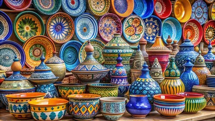Fototapeta premium Vibrant Tunisian Pottery Collection: Colorful Ceramic Art & Craft