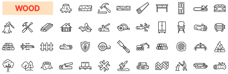 Wood Line Icons, Lumber, Timber, Forestry, Carpentry, Logging, Furniture, Construction, Firewood, Sawing, Woodworking, Tree, Plank, Handmade Craft