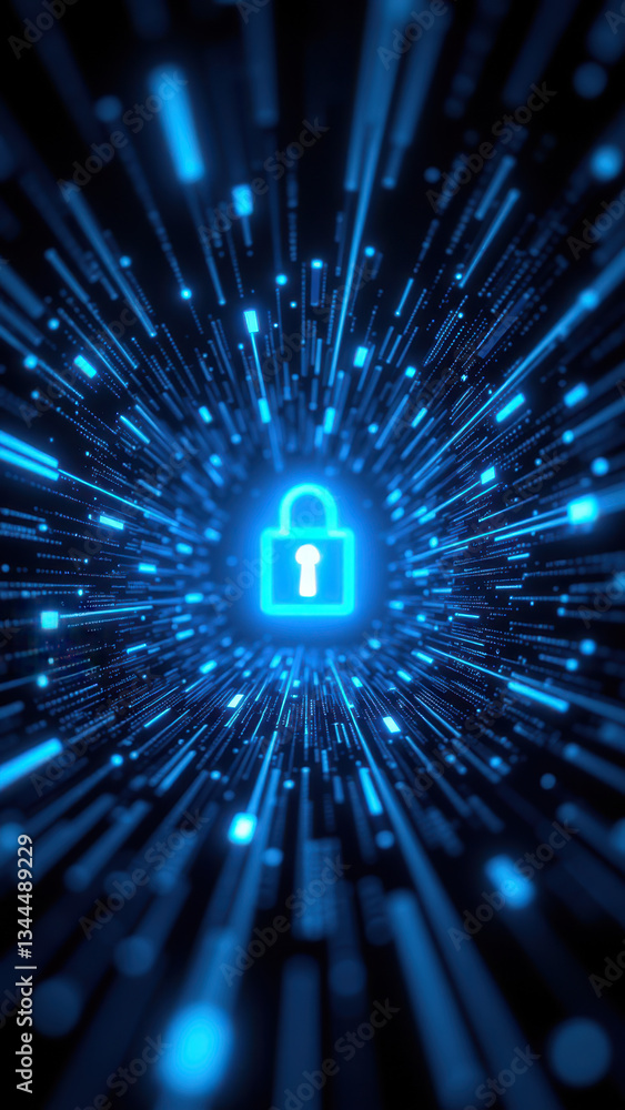 Poster cybersecurity concept with lock in the center of a network.