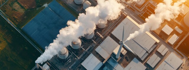 Aerial View of Industrial Plant with Smoke and Solar Panels
