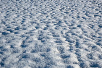 A snow covered field with a blue sky in the background