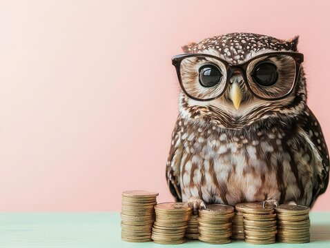 Owl wearing glasses, examining a credit card and piles of coins, smart investor style