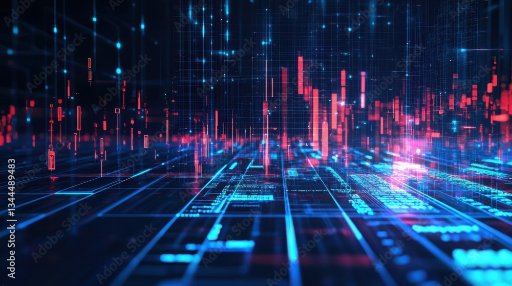 Poster digital circuit board with illuminating red and blue lights representing advanced technology and ana