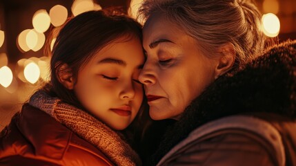 Elderly Woman and Young Girl Sharing a Tender Moment During a Cozy Winter Evening