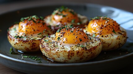 Deliciously cooked eggs with vibrant yolks garnished with herbs on a plate