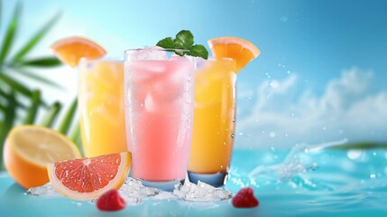 A refreshing summer juice bar menu featuring citrus-infused drinks, berry smoothies, and coconut water selections. The layout is sleek and modern with precise detailing.