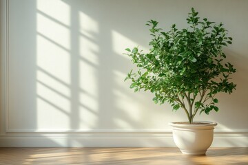Fototapeta premium Sunny plant in white room with window shadows