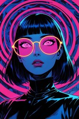 A futuristic character with glowing blue eyes, short bob haircut, and vibrant pink glasses, surrounded by a neon purple energy aura.