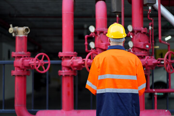 Male engineer inspects water pipelines in the engineering system area of the factory outside where various pipelines are designed modernly. Technicians work in the industry.