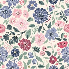 A floral pattern with pink, blue, and white flowers