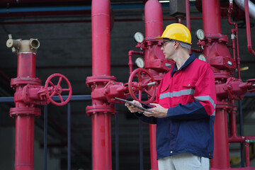 Male engineer inspects water pipelines in the engineering system area of the factory outside where various pipelines are designed modernly. Technicians work in the industry.