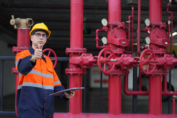 Male engineer inspects water pipelines in the engineering system area of the factory outside where various pipelines are designed modernly. Technicians work in the industry.