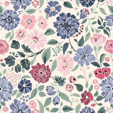A floral pattern with pink, blue, and white flowers
