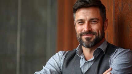 Fototapeta premium Bearded man with a thoughtful expression showcasing unique personality in an innovative advertising concept