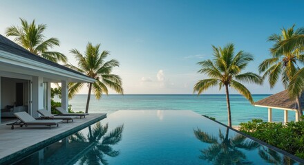 Fototapeta premium Infinity Pool Overlooking Ocean with Palm Trees in Tropical Setting