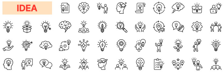 Idea Line Icons, Creativity, Innovation, Brainstorming, Light Bulb, Inspiration, Problem-Solving, Strategy, Thinking, Vision, Concept, Development, Smart Solutions