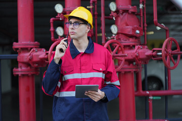 Male engineer inspects water pipelines in the engineering system area of the factory outside where various pipelines are designed modernly. Technicians work in the industry.