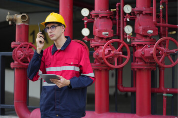Male engineer inspects water pipelines in the engineering system area of the factory outside where various pipelines are designed modernly. Technicians work in the industry.