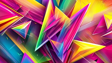Vivid Geometric shapes art. Bright triangles over stripes background for graphic design