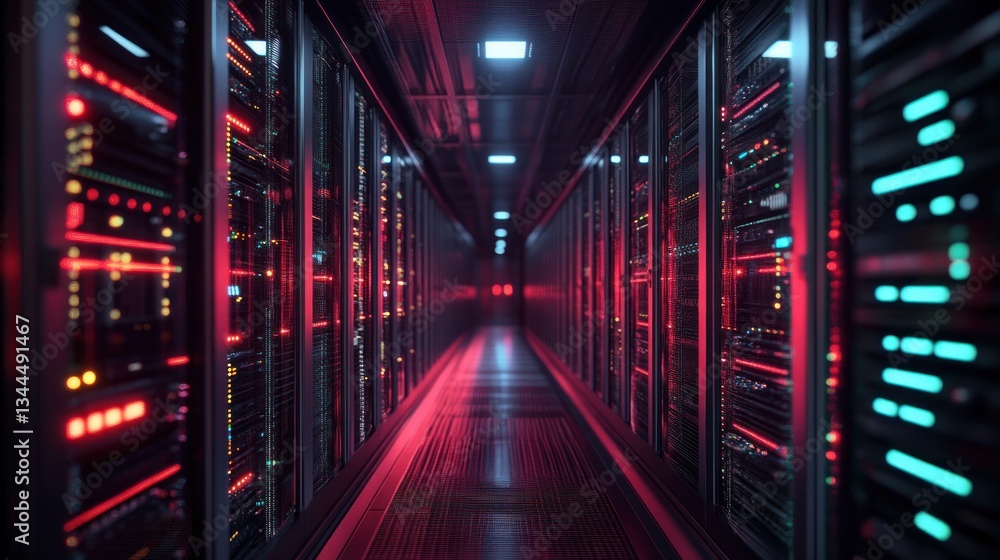 Poster futuristic server room illuminated with neon lights and data processing glow