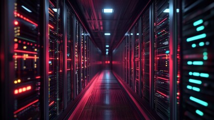 Futuristic server room illuminated with neon lights and data processing glow