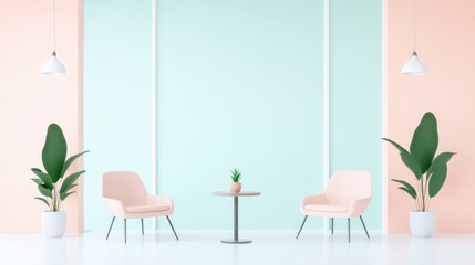 flat design illustration of cozy cafe interior with minimalist furniture arrangement large and potted plants warm pastel