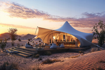Tourists relaxing at luxury desert camp during sunset