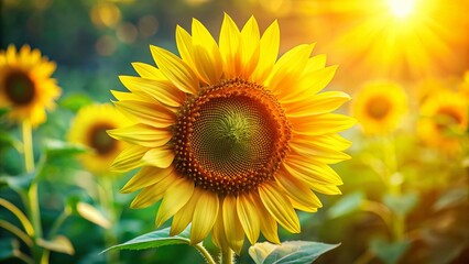 Vibrant Yellow Sunflower Close-up: Sunlit Petals & Blurred Green Background - Stock Photo