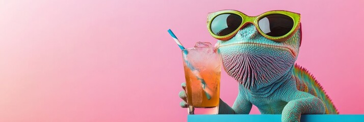 Cool chameleon sipping a cocktail wearing sunglasses, embodying summer vibes on a vibrant pink backdrop