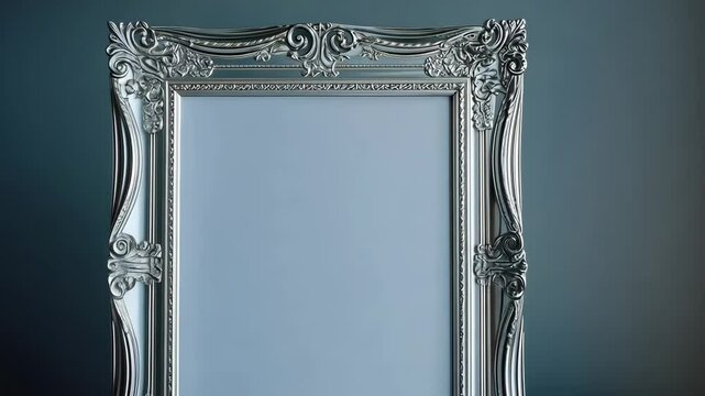 A polished silver ture frame with a blank insert, standing on a white table vibe