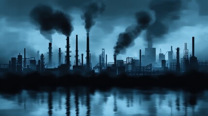 Fototapeta premium An industrial complex spewing smoke over the reflective water below