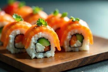 Close-up vibrant sushi platter, various rolls, clean backdrop , crab, shrimp, dining