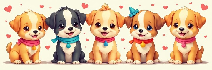 Naklejka premium Repeat print featuring cute cartoon puppies with colorful accessories, fun, kids, happy